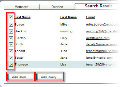 Add Users and Add Query Buttons